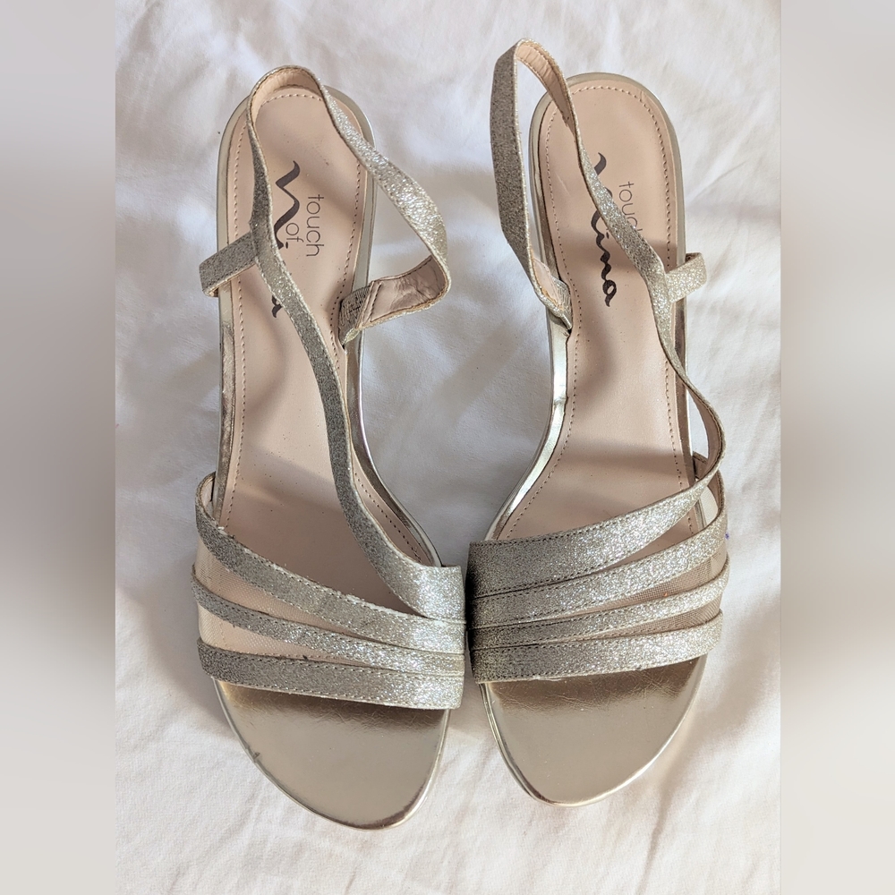 Touch of Nina Strappy Silver Glittery Slingback Pumps Like New